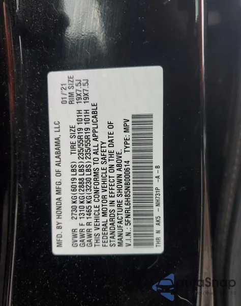 2022 Honda Odyssey Touring from USA, damaged, VIN 5FNRL6H85NB000614